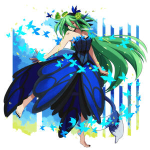 An illustration of my OC in a blue butterfly dress.