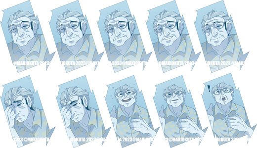 A series of character sprites for a character showing many expressions
