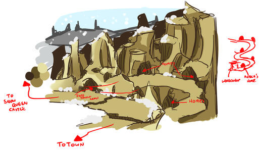 Concept art from Winter Blossoms of a mountain dungeon