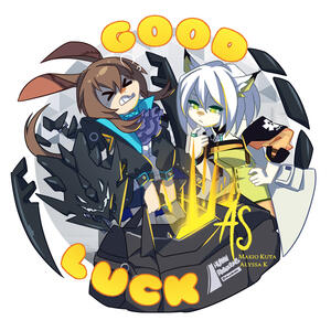 A sticker design featuring characters from Arknights indulging in the gacha.