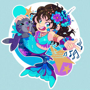 A commissioned sticker design featuring a mermaid rockstar OC