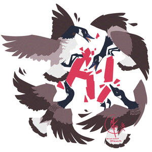 A sticker design with 4 geese ripping the letters A and I apart