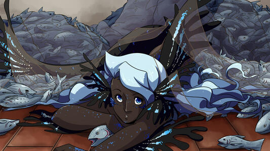 A CG from Caught by a Lure with a mermaid stuck in a net with many other fish