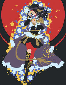 A commissioned piece of a FFXIV character in a bed of flowers.