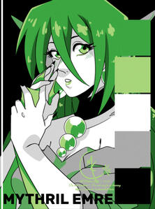 An illustration of my OC done in the colours of the Aromantic Flag.