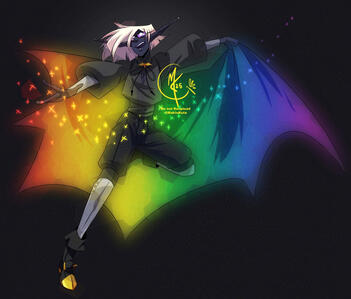 My TTRPG character jumping with a rainbow coloured cape flairing out behind him like bat wings.