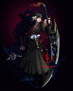 A commissioned piece of a FFXIV character with an inky shadow behind them as they step forward with a large sword.